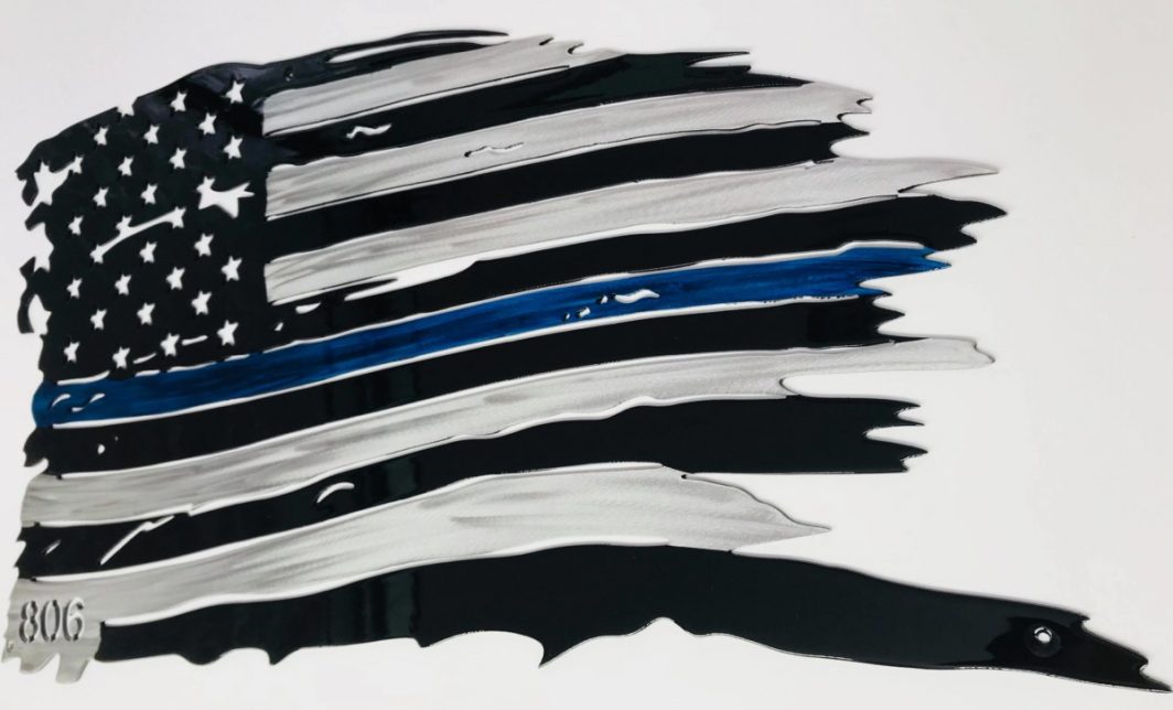 attered Flag Thin Blue Line (Police Metal Art) w/Badge Number Metal Wall Art
