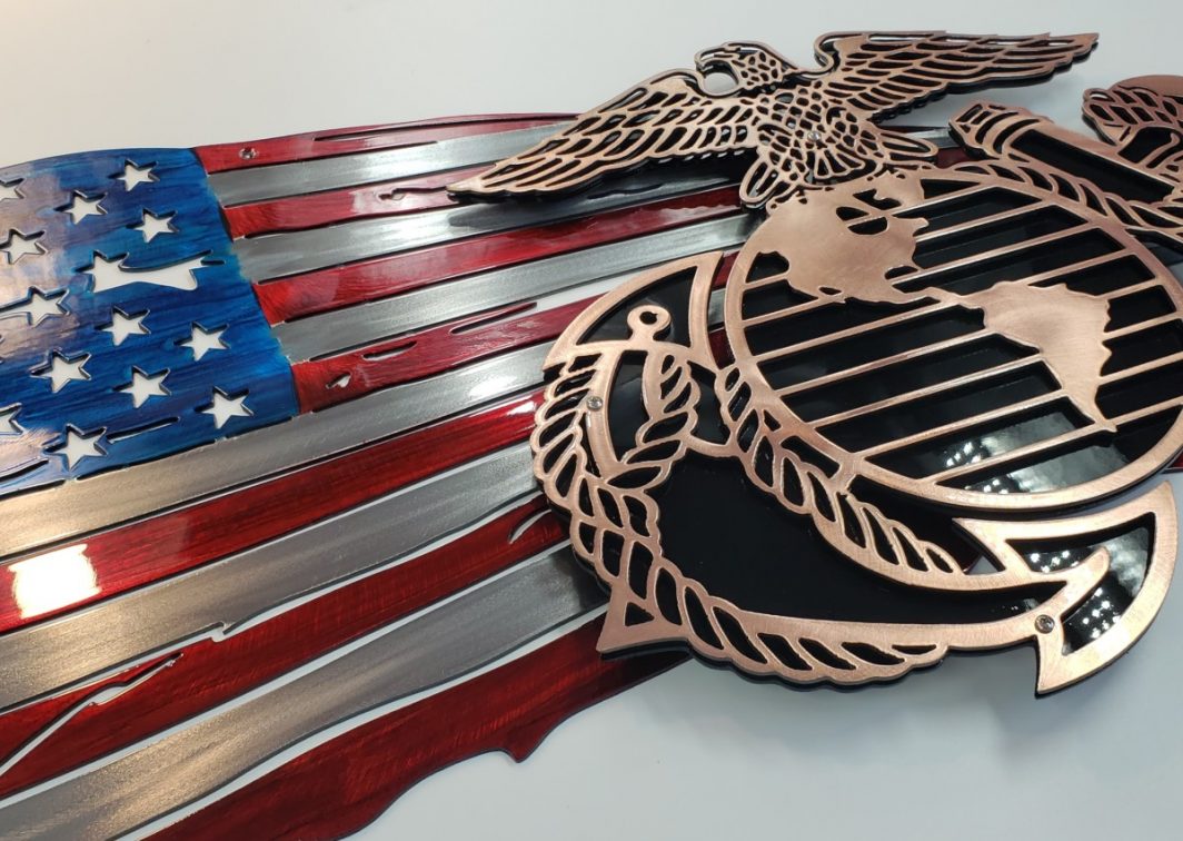 Tattered Flag w/Marine Corps Logo Metal Wall Art